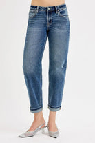 RISEN Dark Washed Low Rise Crop Boyfriend Jeans