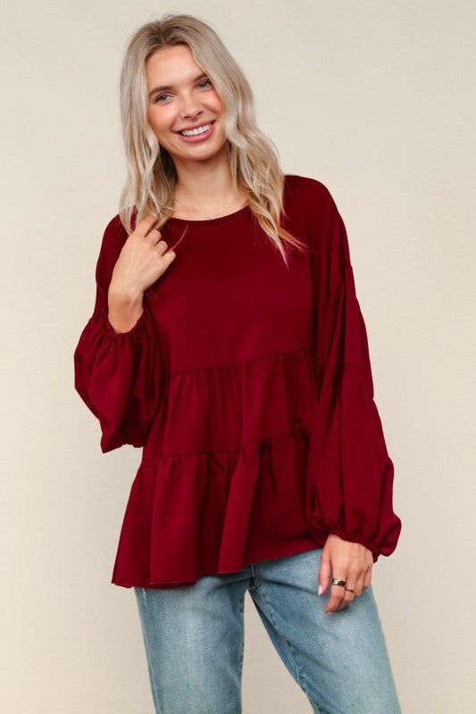 Haptics Wine Babydoll Oversized Blouse