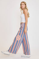 Umgee Washed Dusty Blue & Pink Peace Sign Patch Striped Wide Leg Pants Pants