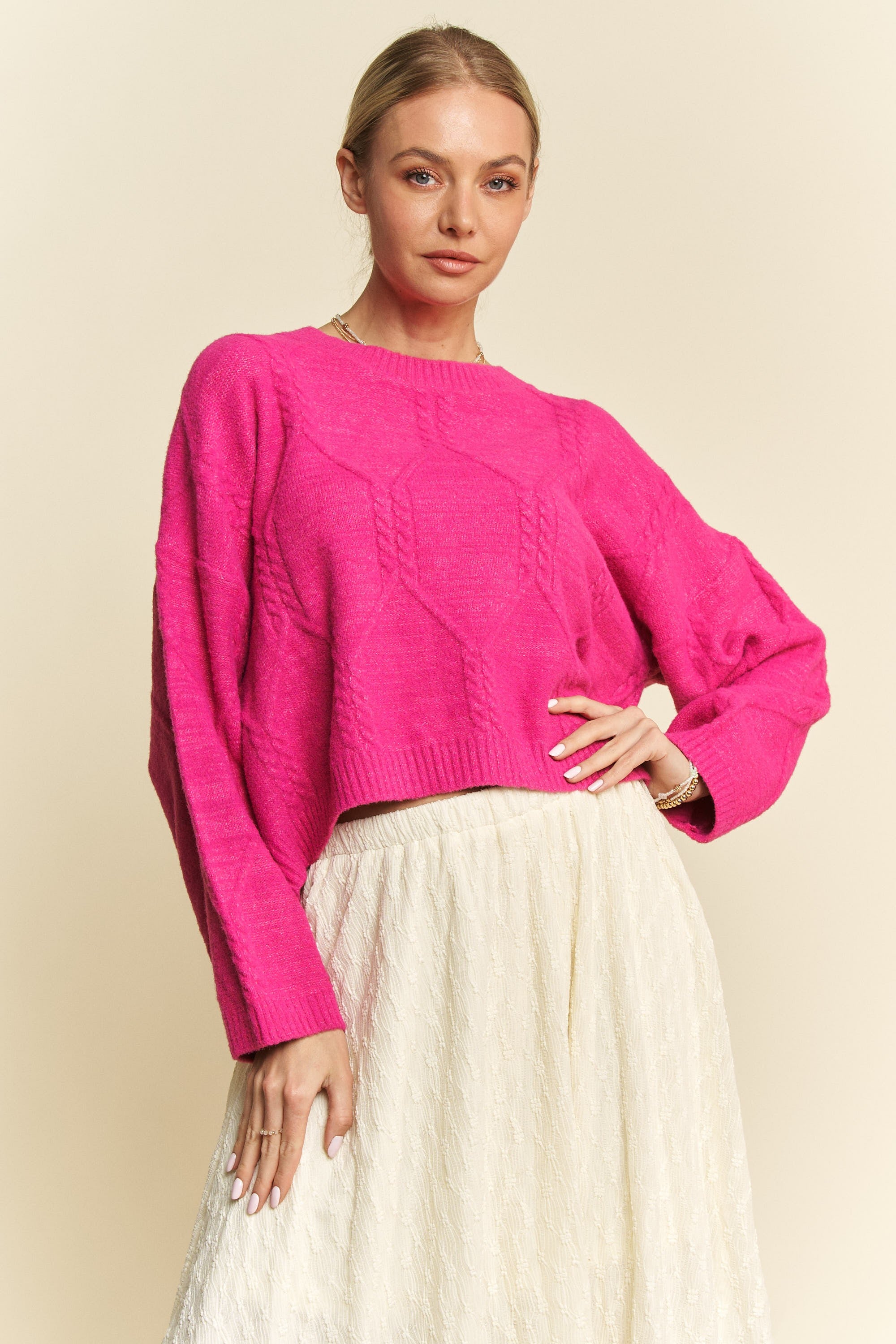 Davi & Dani Pink Diamond Cable Pattern Drop Shoulder Sweater Pink