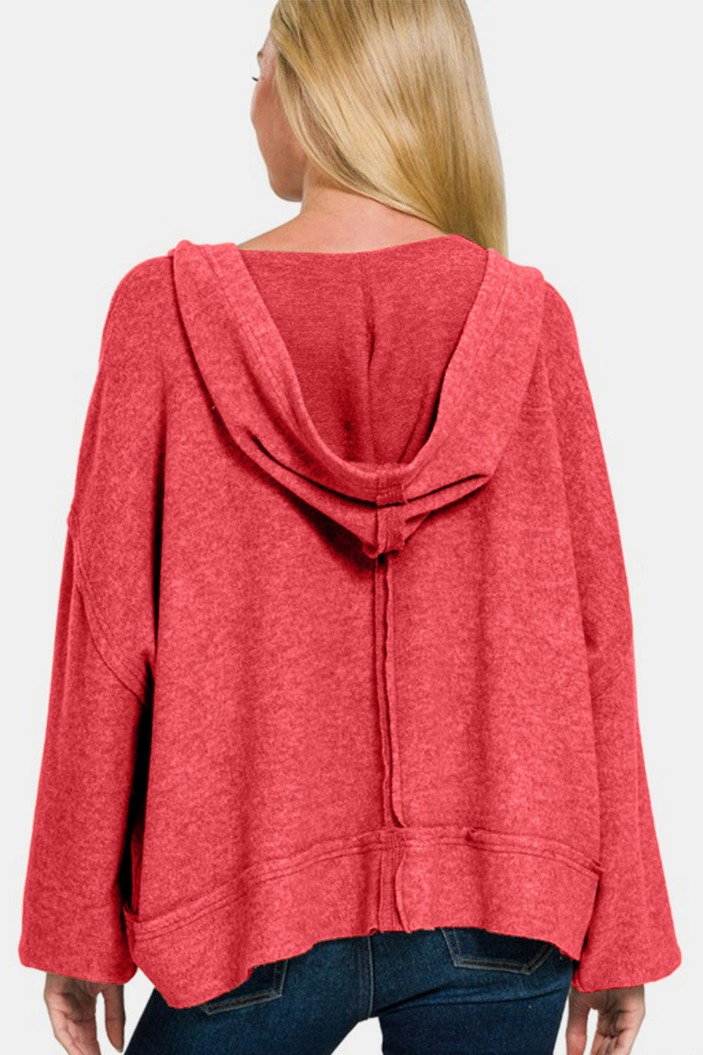 Zenana Red Brushed Hacci Exposed Seam Hoodie Shirts & Tops