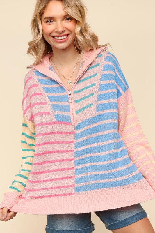 Haptics Blush & Blue Stripe Half Zip Up Oversized Sweater Shirts