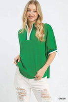 Umgee Green Textured Knit Top with Striped Contrast Trim GREEN