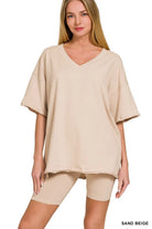 Zenana Sand Beige Cotton V-neck Top & Biker Shorts Set SAND BEIGE