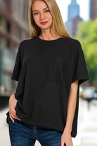 Zenana Black Ribbed Short Sleeve Front Pocket T-Shirt Black Trendsi
