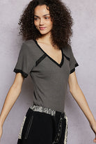 POL Charcoal Lace Detail V-Neck Short Sleeve Textured T-Shirt