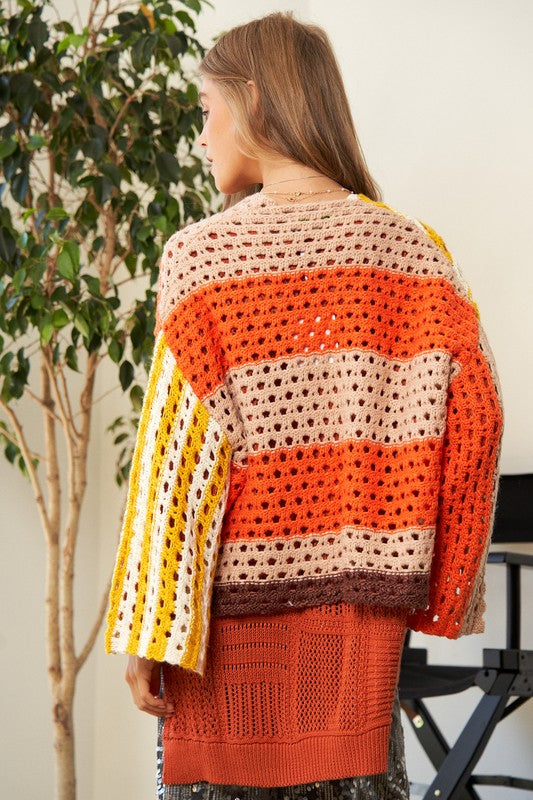 Davi & Dani Yellow & Orange Chunky Knit Openwork Open Front Striped Cardigan Trendsi