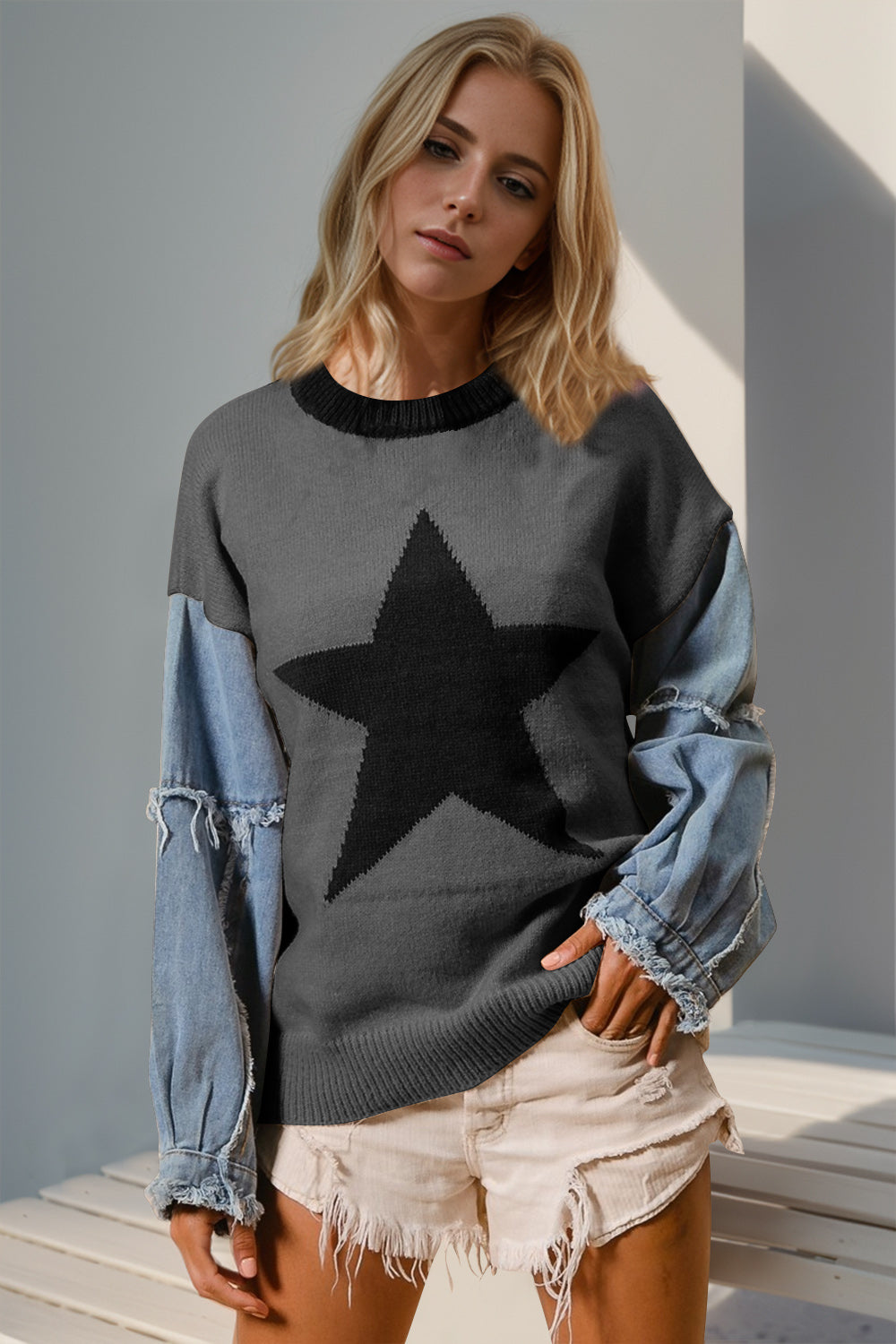 Preorder: 3 Colors: Double Take Star Pattern Raw Edge Long Denim Sleeve Sweater Dark Gray