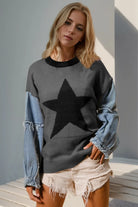 Double Take Full Size Star Pattern Raw Edge Long Sleeve Sweater Dark Gray