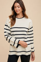 Annie Wear Ribbed Side Slit Striped Round Neck Sweater Ivory