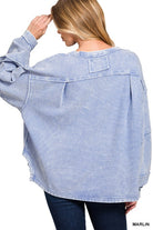 Zenana Dark Green Acid Washed Double Ribbed Exposed-Seam Sweatshirt