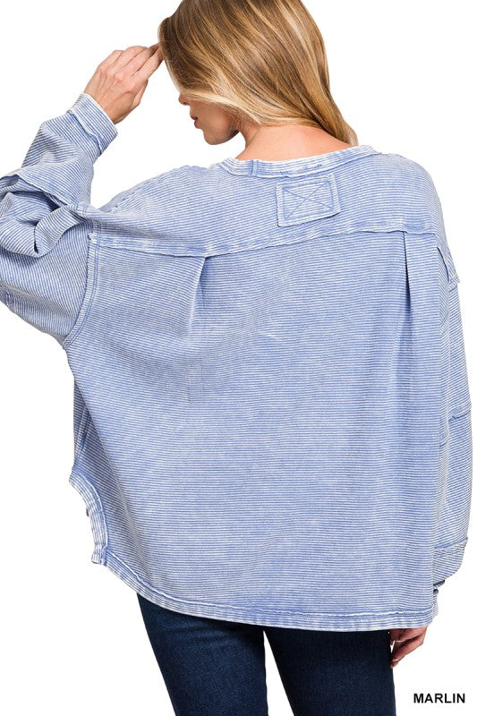 Zenana Dark Green Acid Washed Double Ribbed Exposed-Seam Sweatshirt