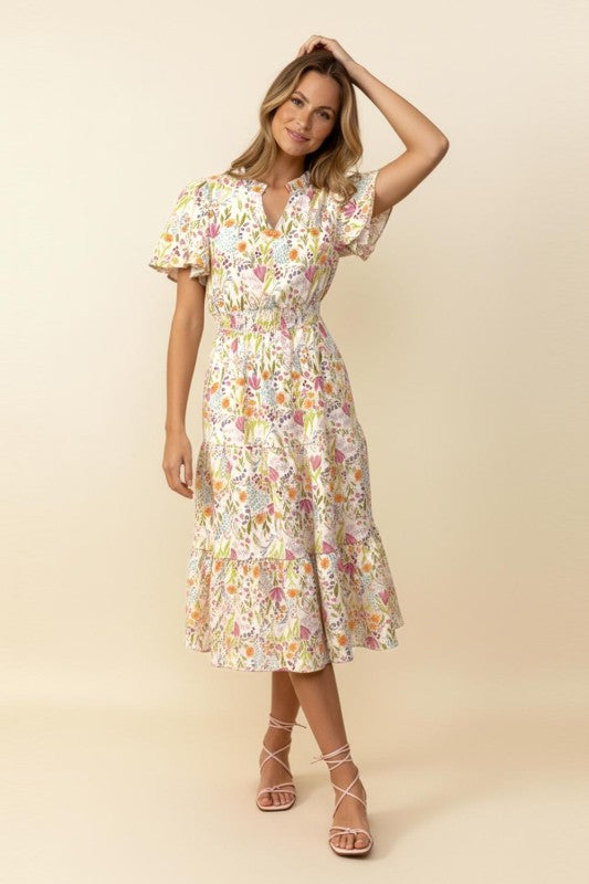 Haptics Notch Neck Smocked Waist Tiered Floral Dress