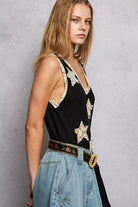 POL Black Washed Ribbed V-Neck Tank with Floral Print Star Patch