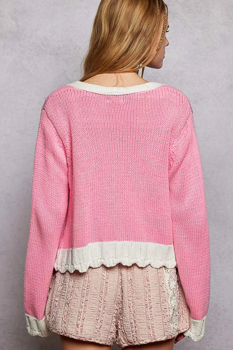 POL Baby Pink Button Down Cable-Knit Cardigan with Contrast Border Accents