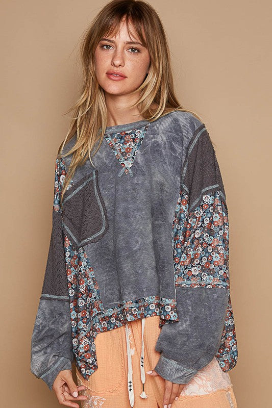 POL Floral Patchwork Round Neck Knit Top in Gray Shirts & Tops