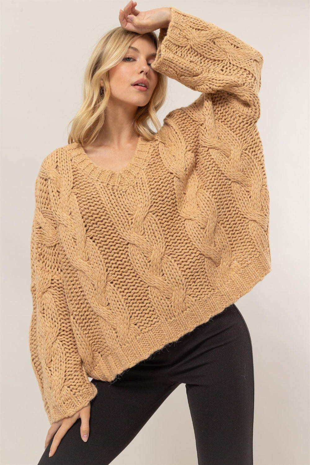 HYFVE Cable Knit V-Neck Sweater Taupe Shirts & Tops