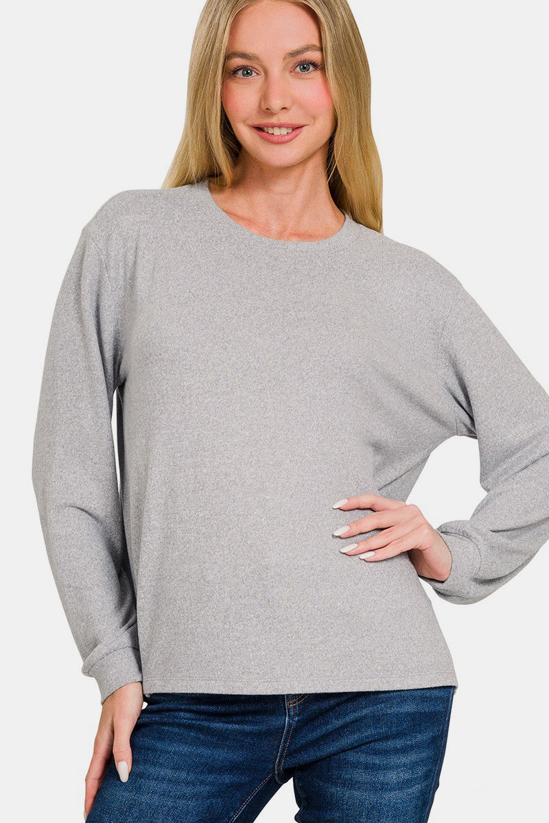 Zenana Hacci Round Neck Long Sleeve T-Shirt Light Gray Shirts & Tops