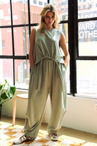 Davi & Dani Light Green Drawstring Hem Round Neck Tank and Pants Set Loungewear