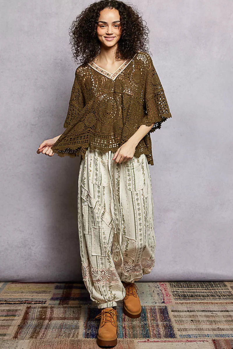 POL Olive V-Neck Crochet Top with Scalloped Hem