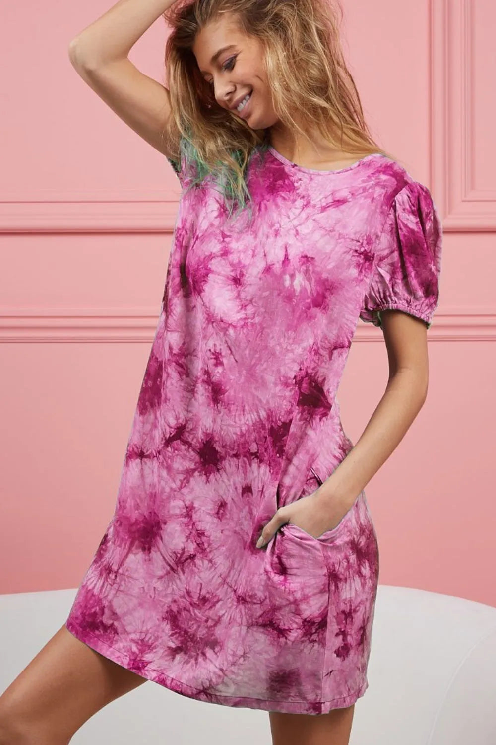 BiBi Fuchsia Puff Sleeve With Side Pockets Tie Dye Dress FUCHSIA