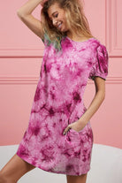 BiBi Fuchsia Puff Sleeve With Side Pockets Tie Dye Dress FUCHSIA