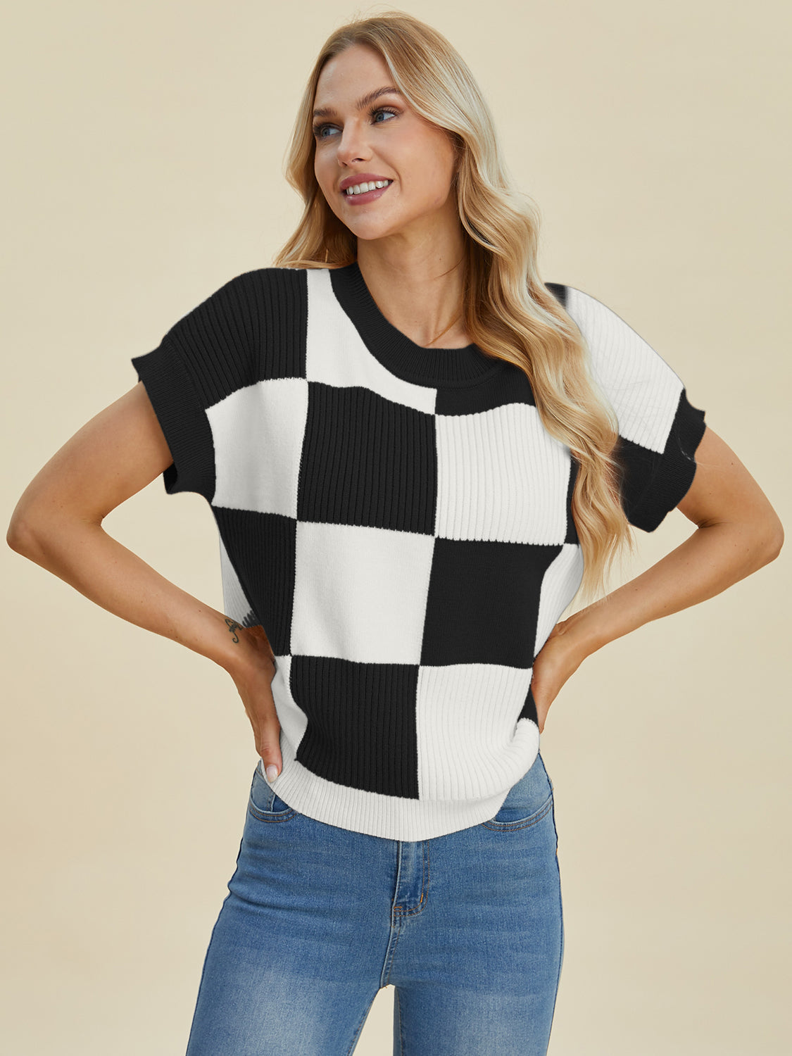 Double Take Checkered Round Neck Short Sleeve Sweater Trendsi