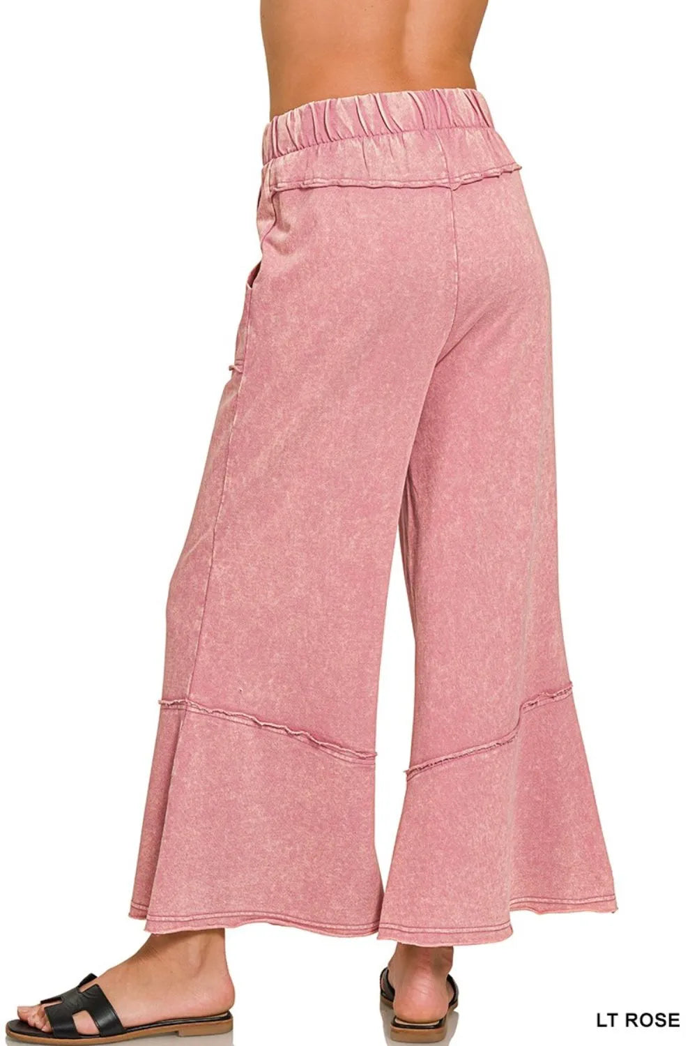 Zenana Light Rose Exposed-seam Flare Hem Pants With Pockets