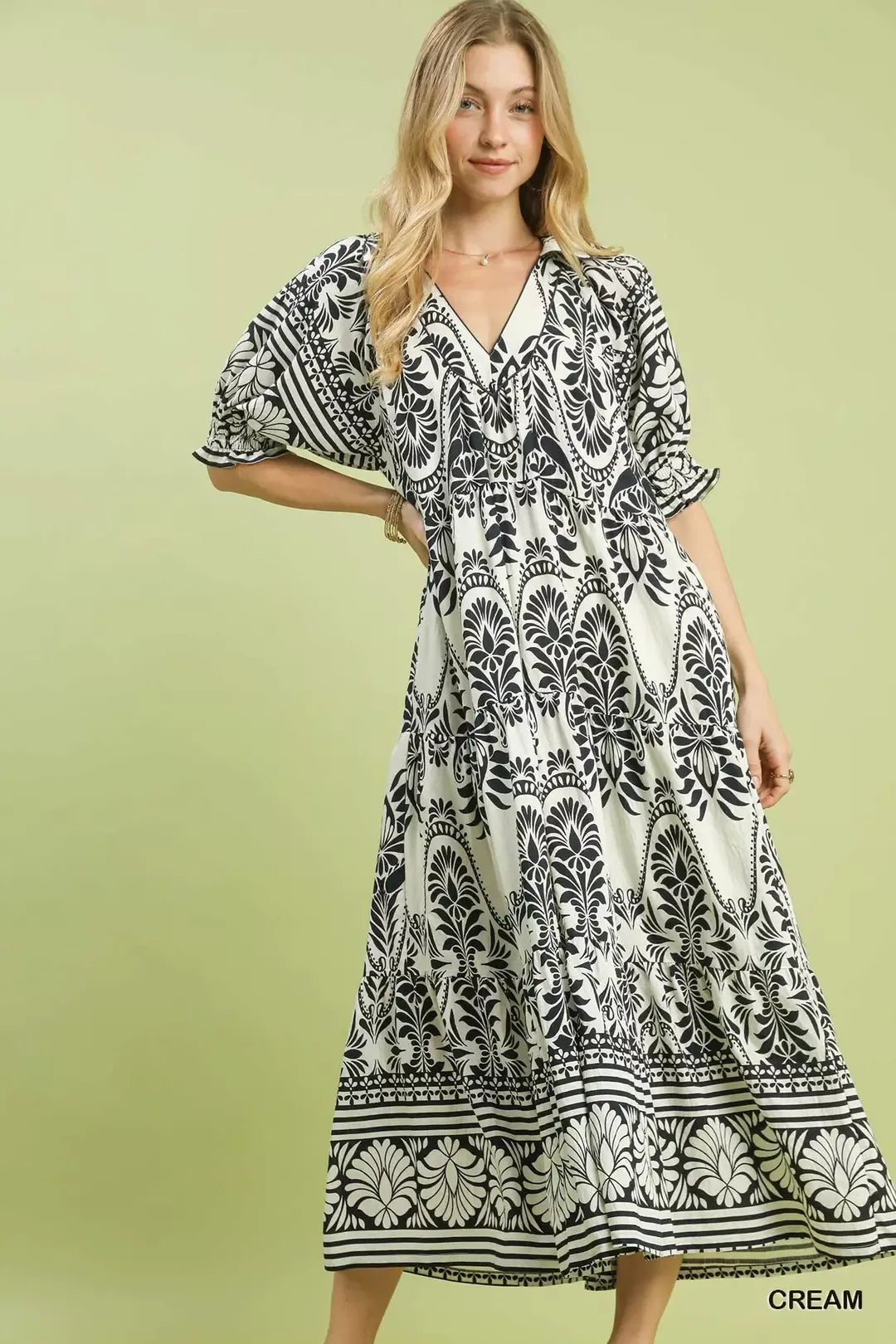 Umgee Two tone Border Print Midi Dress CREAM