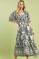 Umgee Two tone Border Print Midi Dress CREAM