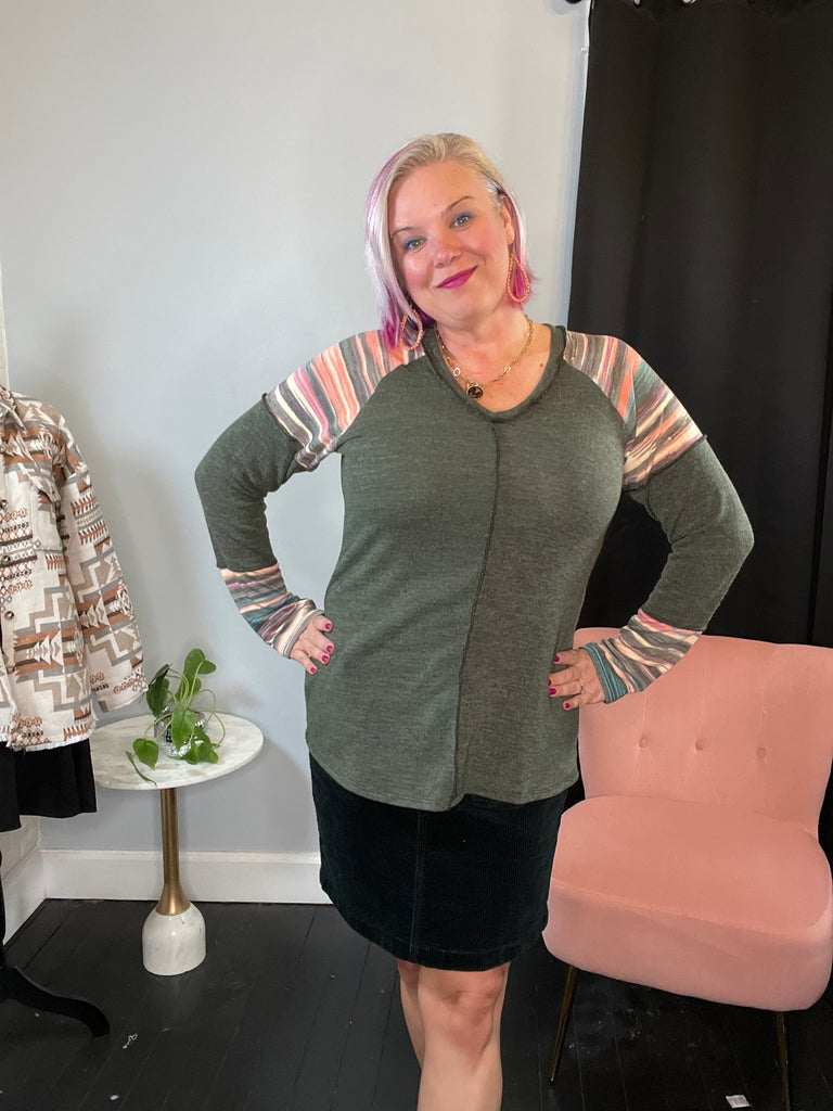 Heimish Olive Solid and Stripe Long Sleeve Top Black Friday