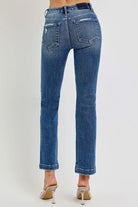 RISEN Dark Washed Tummy Control Elastic Band Mid Rise Straight Jeans