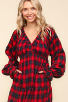 Haptics Holiday Red Plaid Elastic V Neck Tiered Maxi Dress Haptics