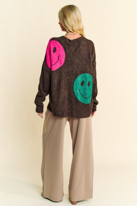 Davi & Dani Dark Brown Contrast Smile Printed Round Neck Oversize Sweater Shirts & Tops