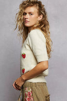 POL Cream Round Neck Strawberry Patch Sweater with Shirring Shoulder