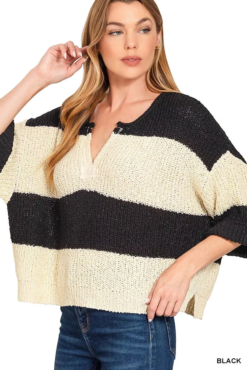 Zenana Split Neck Stripe Sweater BLACK