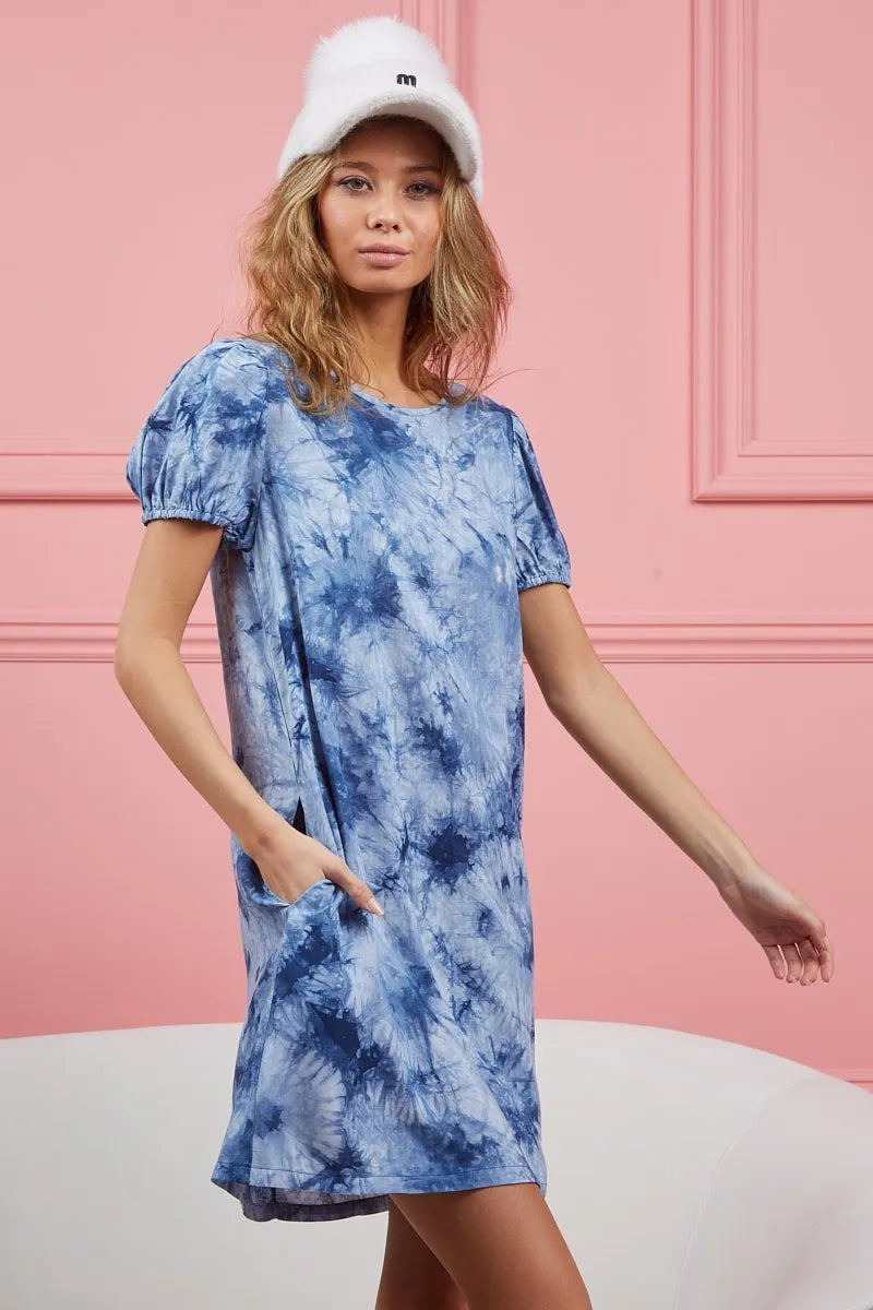 BiBi Navy Puff Sleeve With Side Pockets Tie Dye Dress