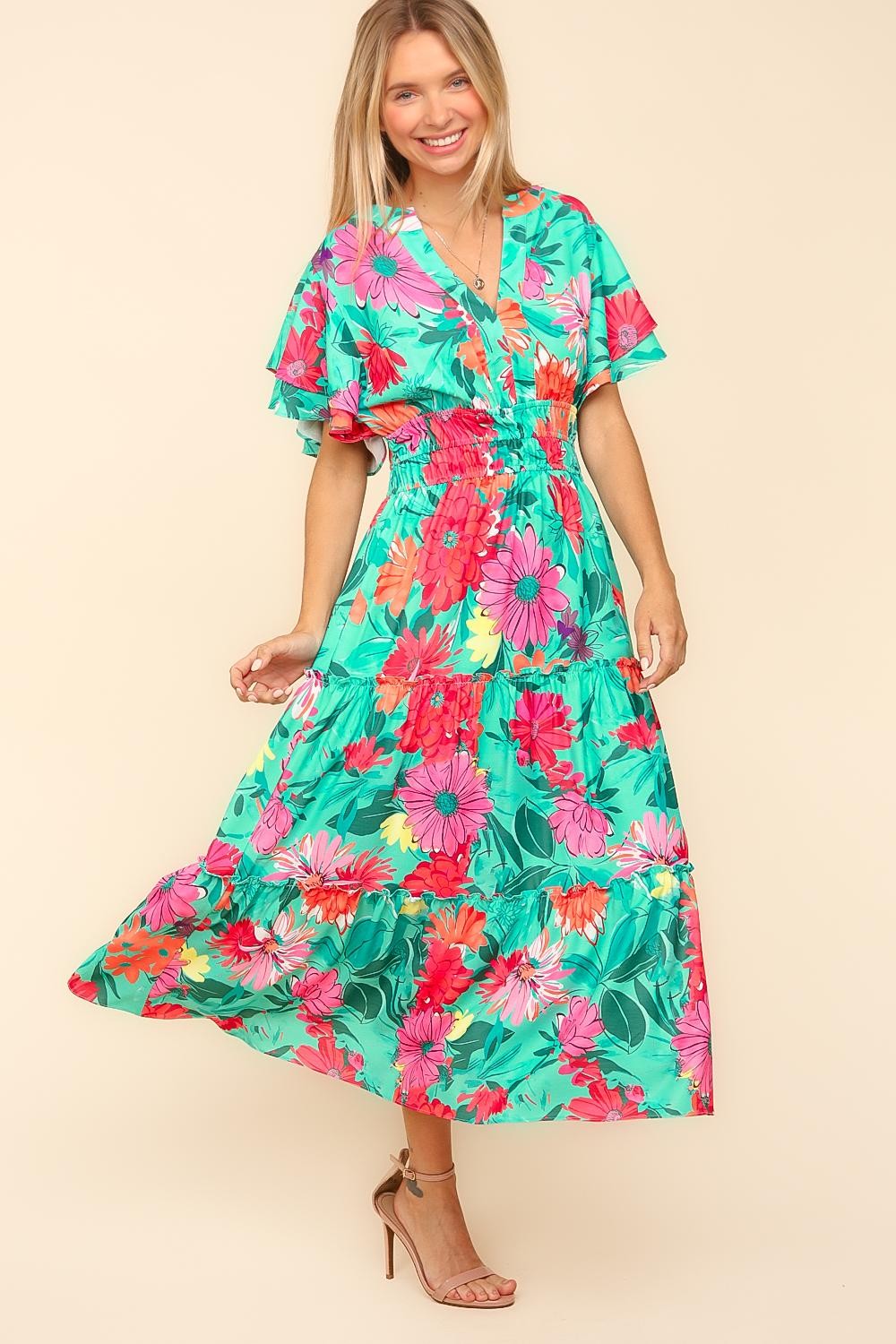 Haptics Multicolor Tropical Floral Smock Waist Tiered Midi Dress