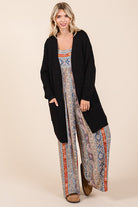 Mittoshop Black Waffle Knit Open Front Long Sleeve Longline Cardigan Cardigan