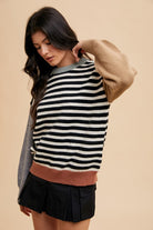 Annie Wear Ivory & Black Striped Color Block Round Neck Sweater