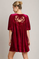 Umgee Burgundy Embroidered Half Sleeve Velvet Mini Dress with Tassel Dresses