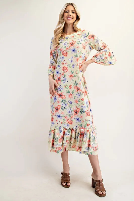 Celeste Soft Yellow Floral Ruffle Trim Dress