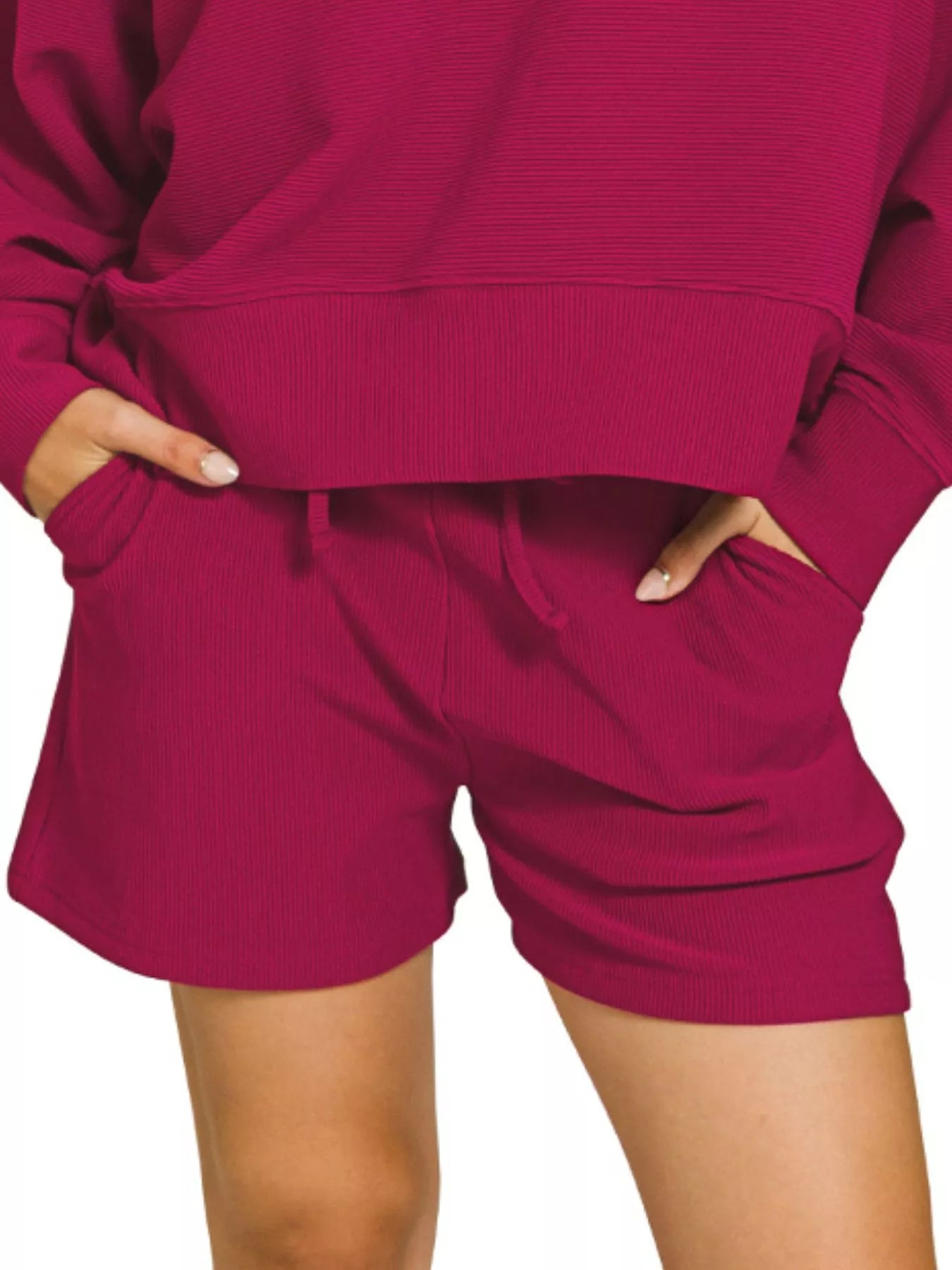 Zenana Cabernet Ribbed Round Neck Pullover and Shorts Set
