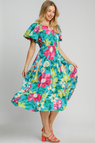 Umgee Azure Tiered Floral Print Notched Puff Sleeve Midi Dress