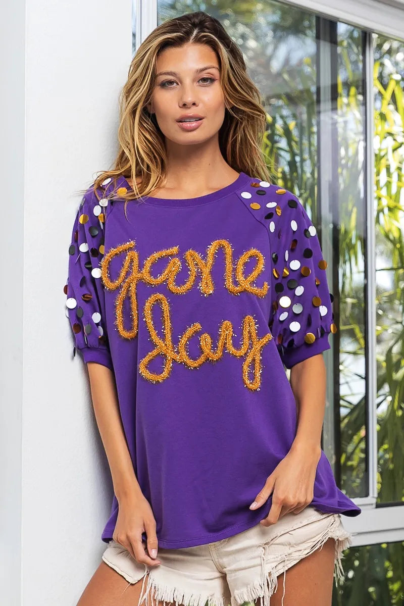 BiBi Purple & Gold Game Day Metallic Letter Spangle Sleeve Top