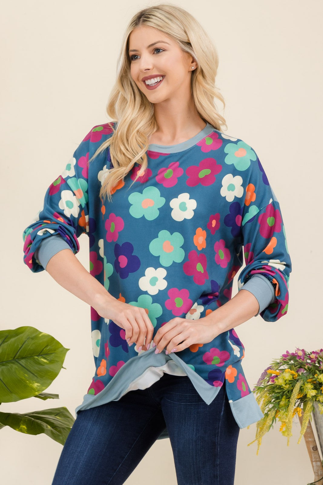 Celeste Teal & Florida Side Slit Print Long Sleeve Top Teal Floral Shirts