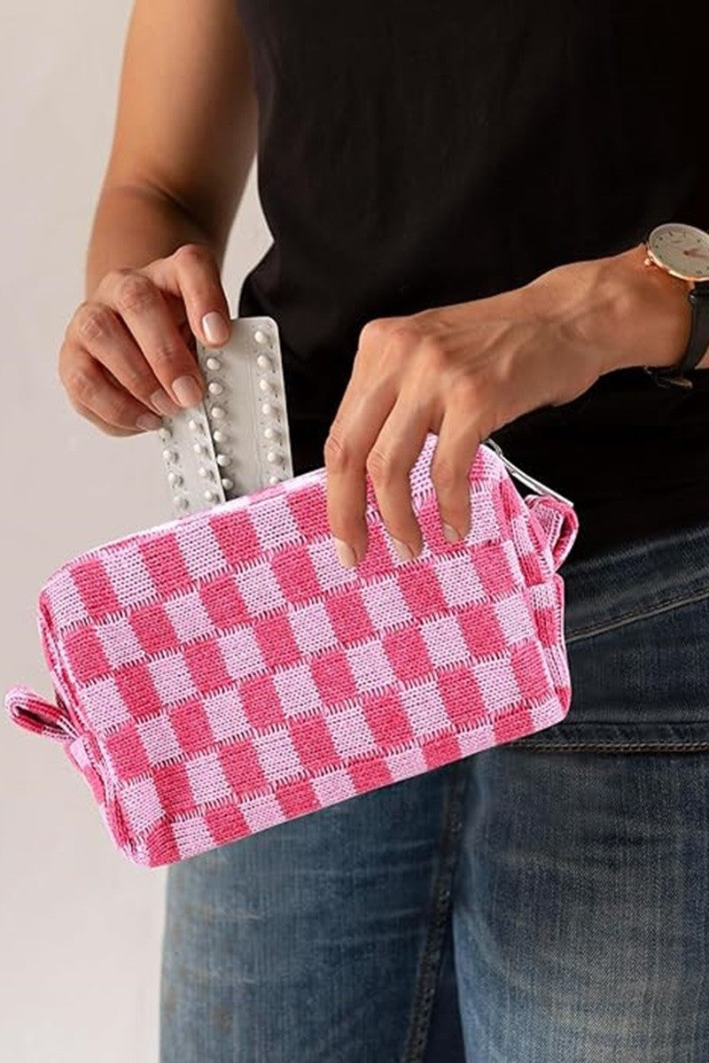 Zenana - 6 Colors- Checkered Pattern Knitted Cosmetic Pouch