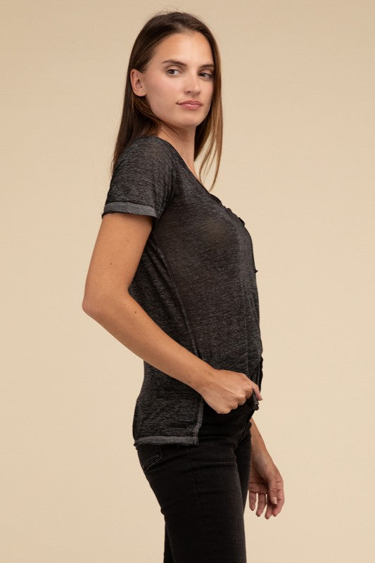 Washed Melange Burnout Scoop V-Neck Top ZENANA