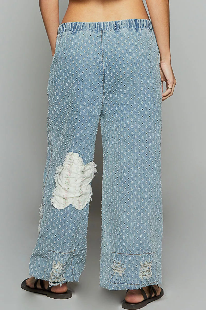 POL Floral Patch Washed Textured Twill Pants with Crochet See Thru Patch