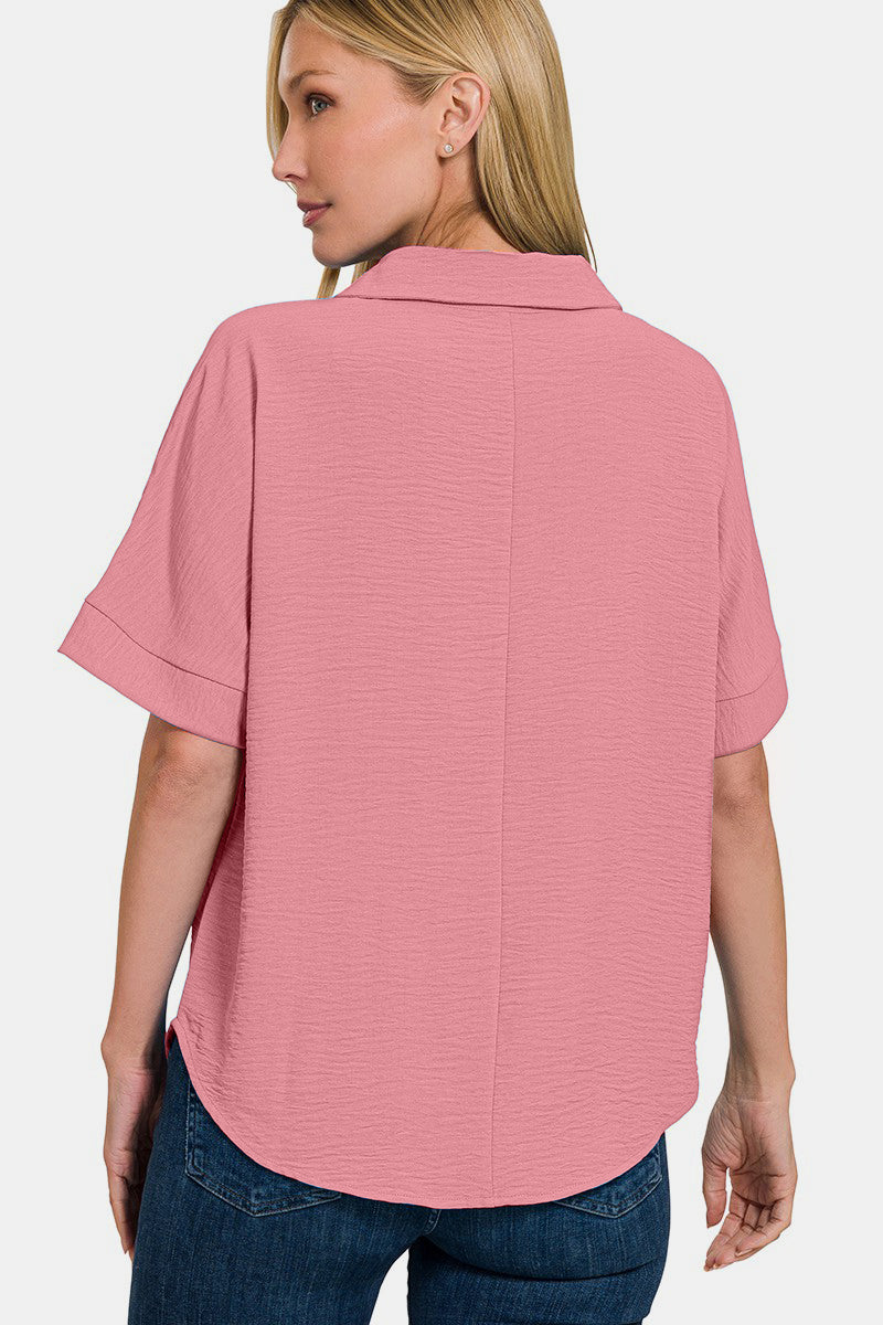 Zenana Light Rose Textured Collared Neck Short Sleeve Top Trendsi